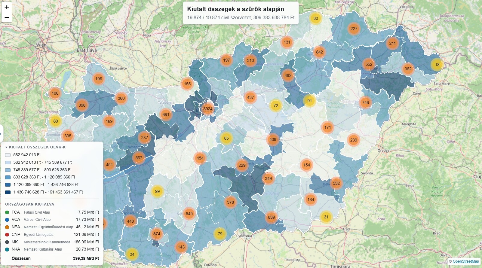 Térkép mutatja, hova hullott a 400 milliárdos állami „civil” pénzeső
